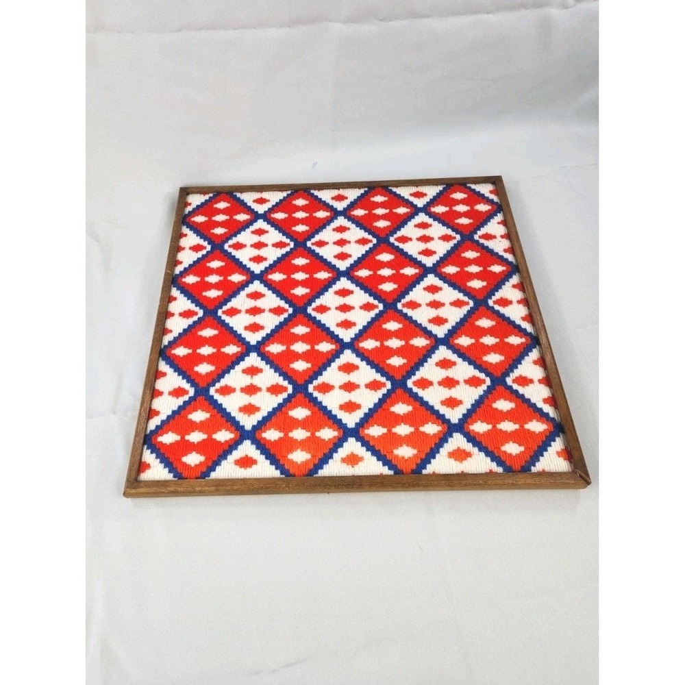 Vtg Bargello Geometric Needlepoint Framed Wall Art MCM Yarn Needlepoint Red Blue